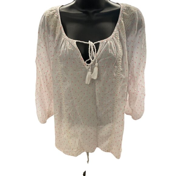 J. Crew Womens White Coral Polka Dot Peasant Blouse Embroidered Details Size L - Picture 1 of 11